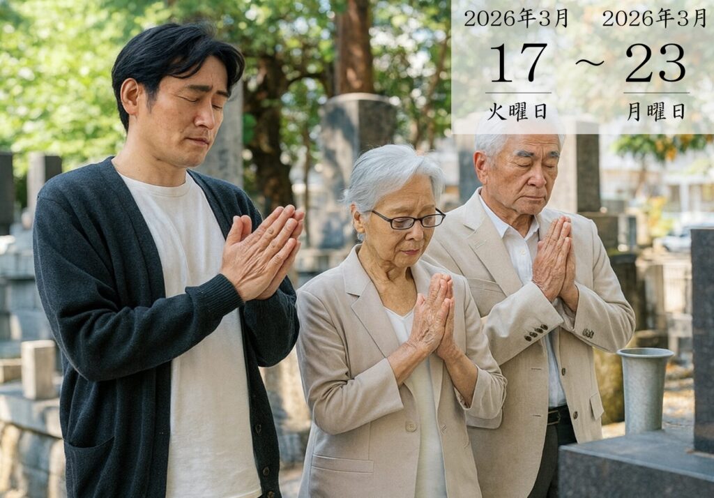 堺市で春のお彼岸にお墓参りをして供養する家族の様子