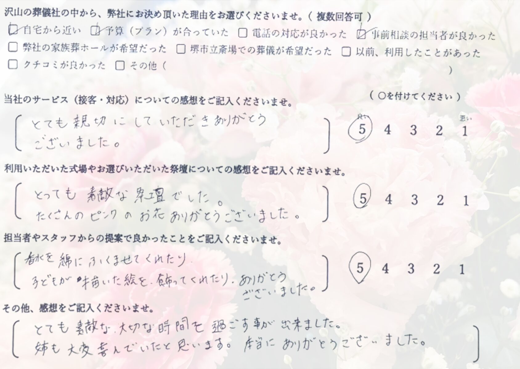 堺市中区で家族葬を行ったご家族から寄せられた、葬儀の感想や体験談を紹介するお客様の声の画像です。