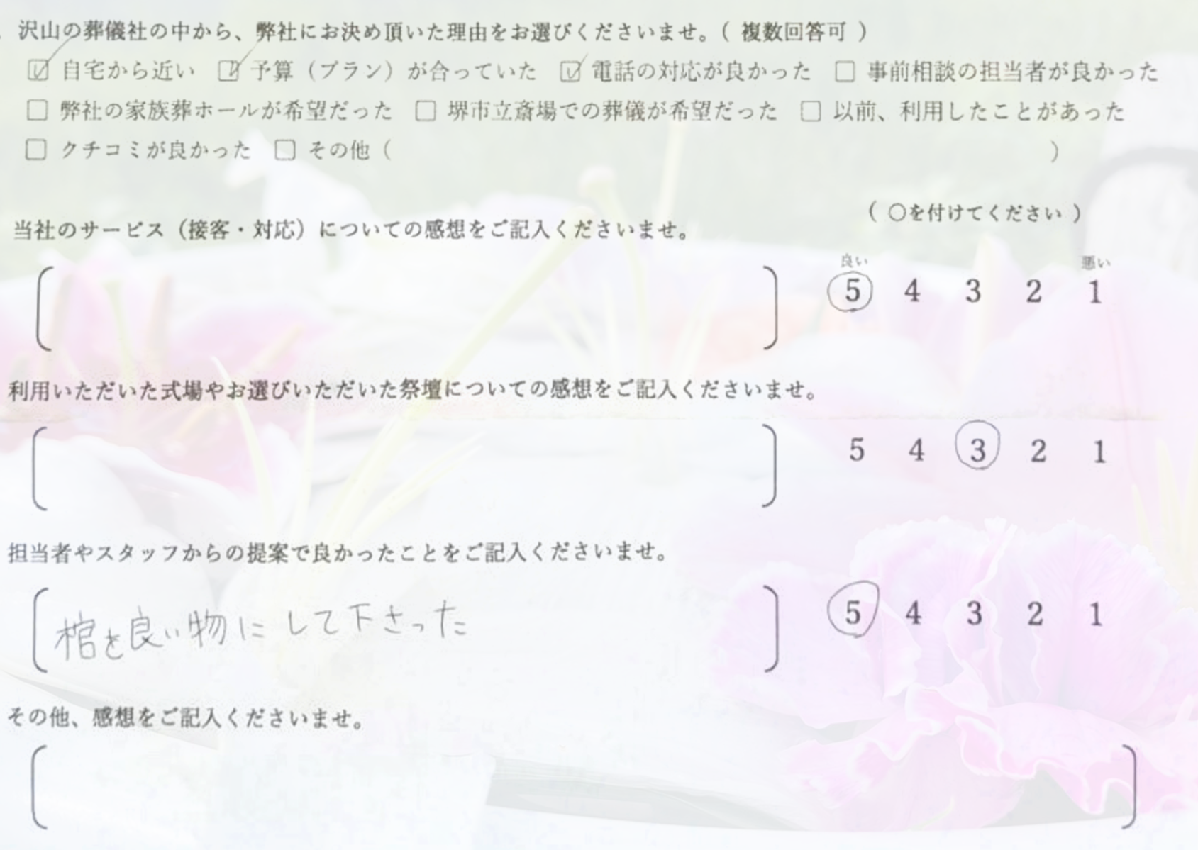 堺市中区で直葬を行われたご家族から寄せられた感想や評価を紹介するための、お客様の声の案内画像です。