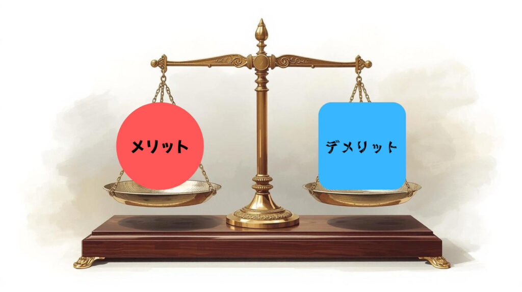 堺市で家族葬を検討する際に知っておきたい、葬儀のメリットとデメリットを天秤で表現した比較イメージです。