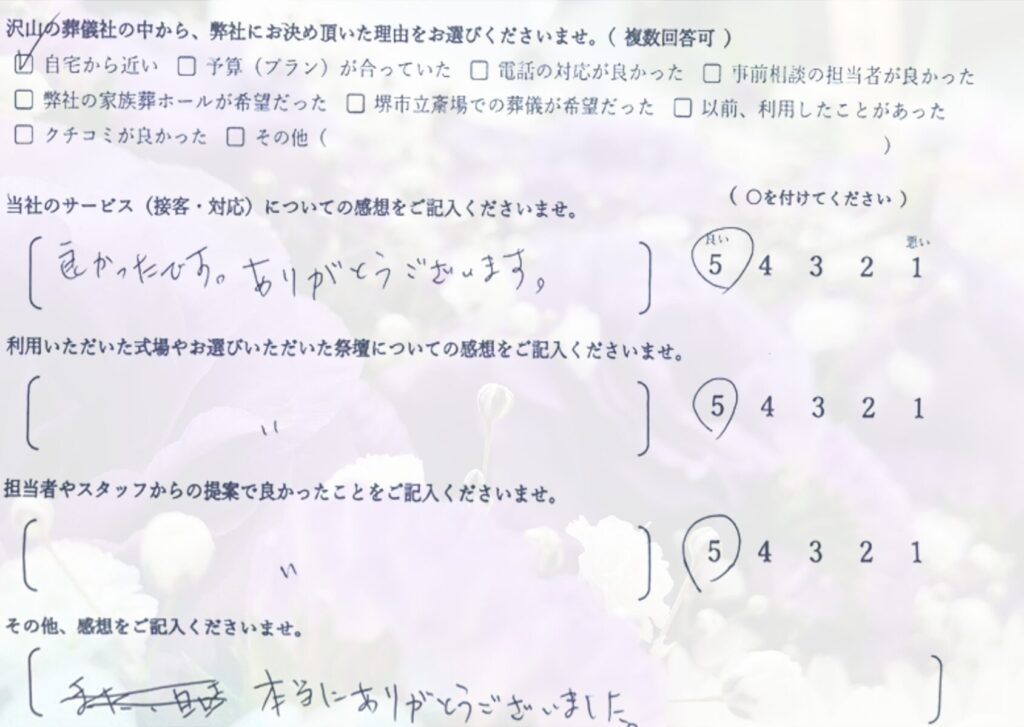 堺市中区で一日葬を行ったご家族から寄せられた、葬儀の進行やスタッフ対応に関する感想を紹介するお客様の声の画像です。