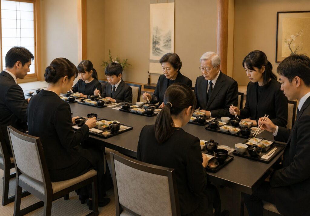 堺市で満中陰法要後に納骨や会食を行うご家族の様子