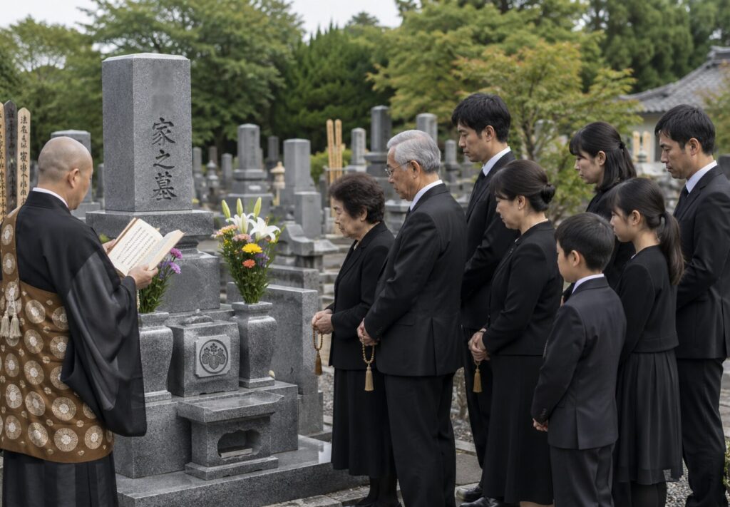堺市で満中陰法要後に納骨や会食を行うご家族の様子