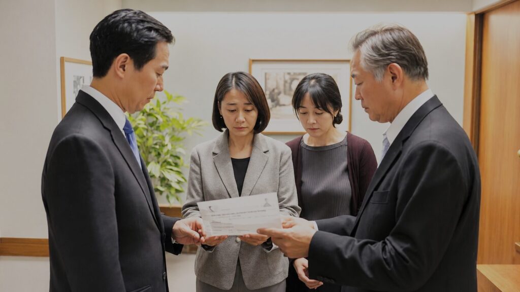 堺市の葬儀場をイメージした室内で、ご遺族が弔電を確認している様子を表現した画像