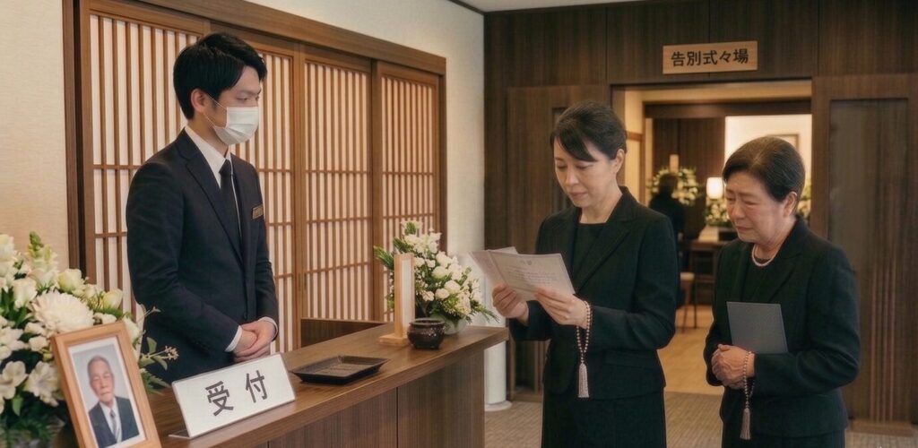 堺市の葬儀式場で、ご遺族が弔電を受け取り内容を確認している様子