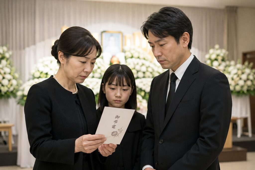 堺市の葬儀式場で、ご遺族が届いた弔電を確認している様子を表現したイメージ画像