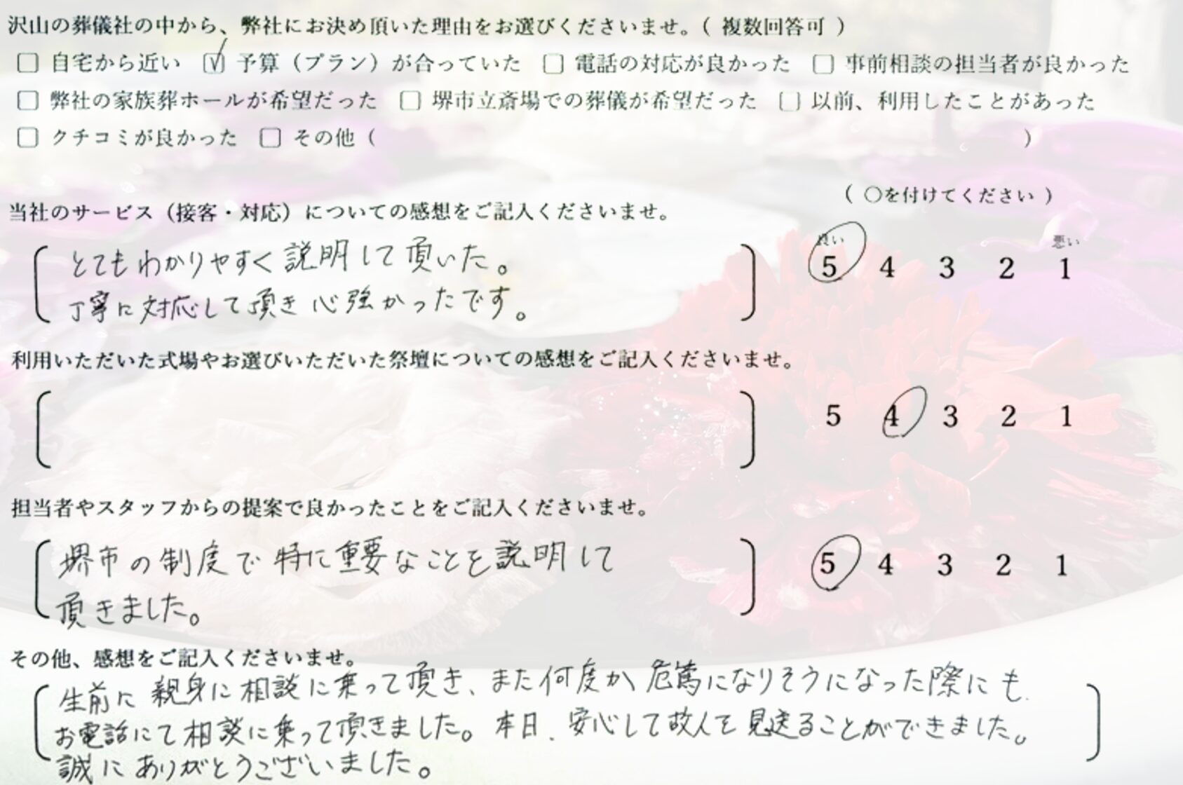 堺市西区で直葬にて執り行なったご家族が静かに故人を見送り記載したアンケート