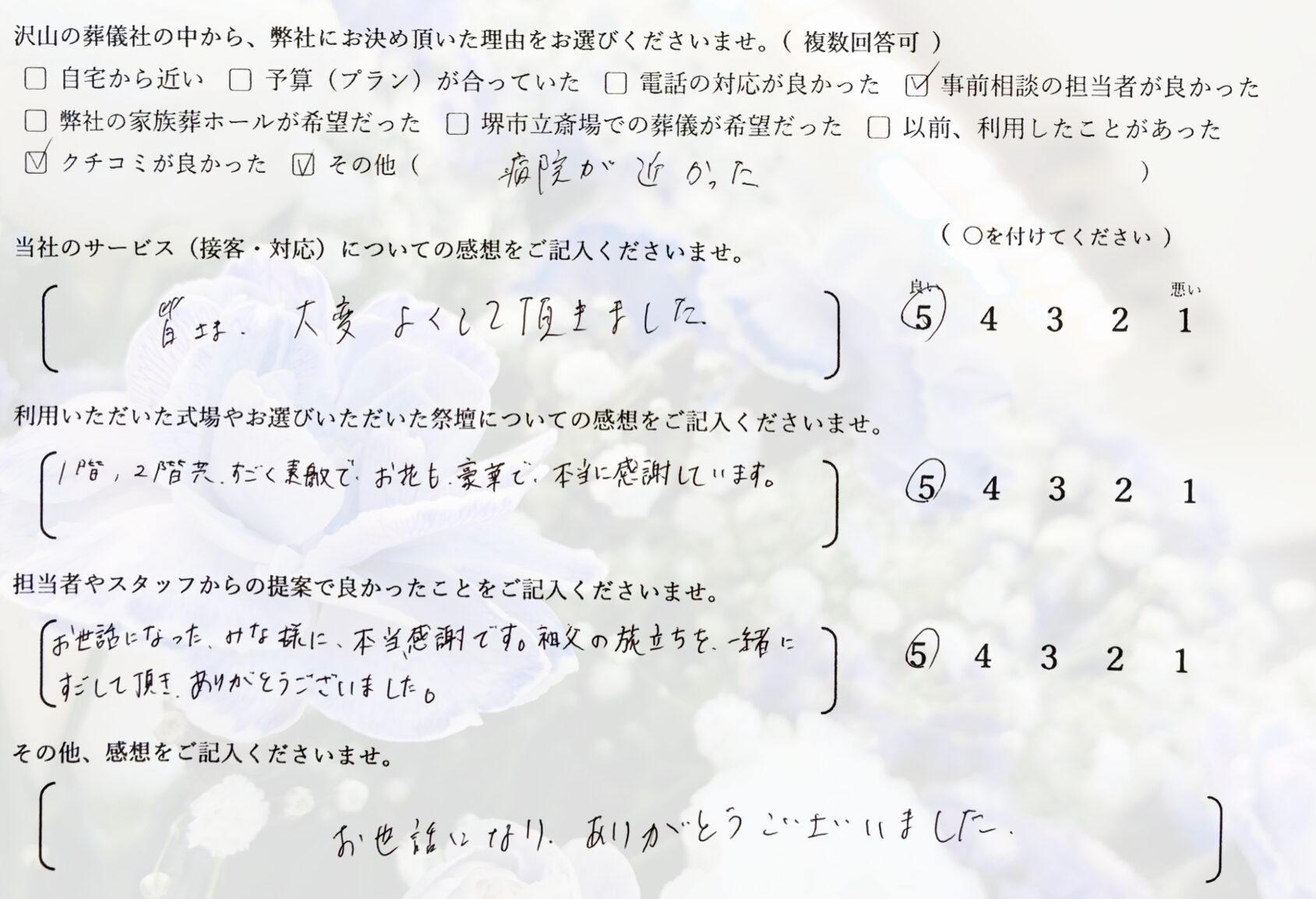 堺市東区で家族葬にて執り行なったご家族が静かに故人を見送り記載したアンケート
