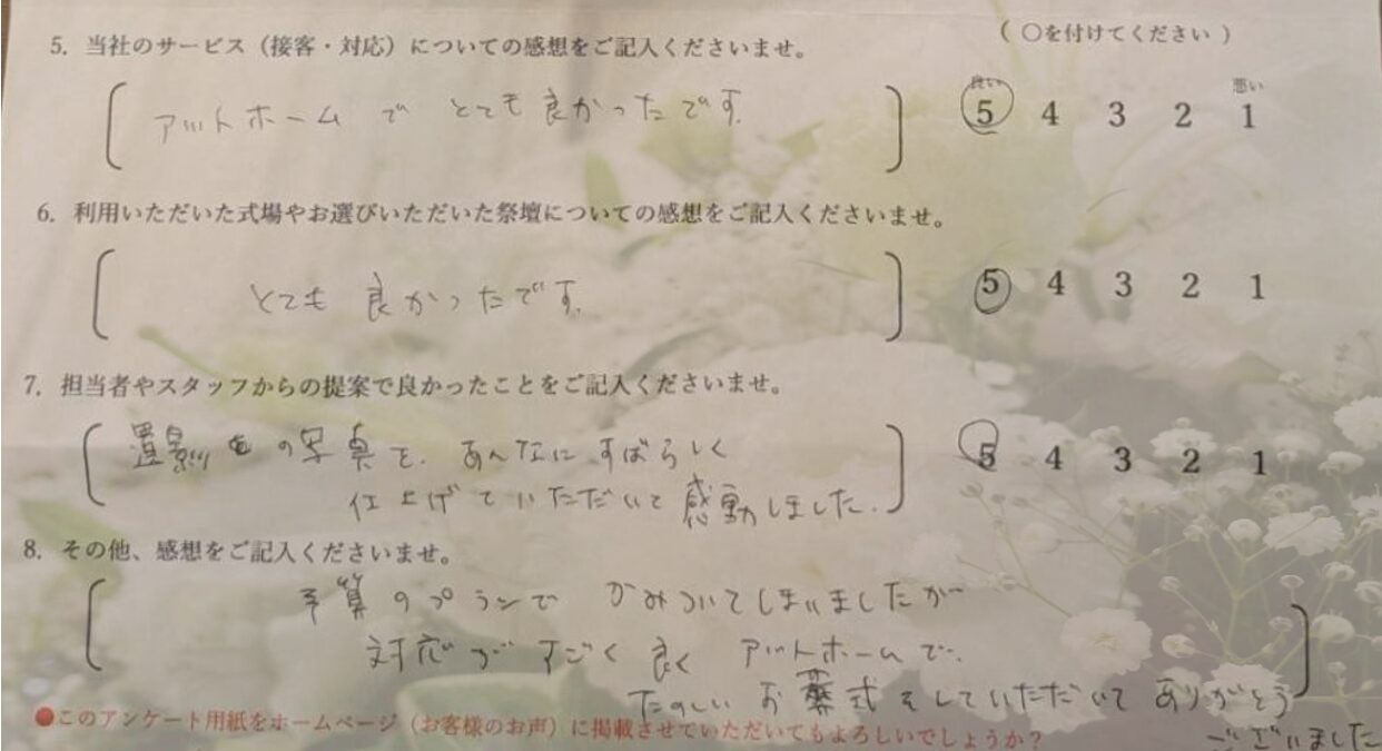 堺市での一日葬を終えたご家族から寄せられた葬儀後のアンケートです。