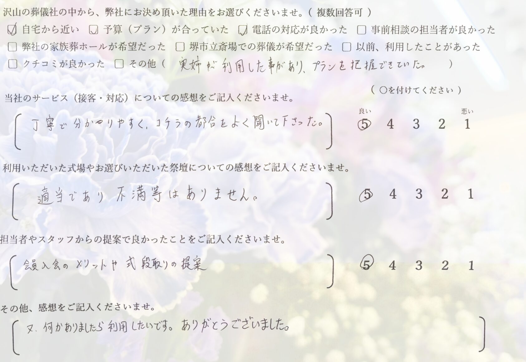 堺市中区で家族葬にて執り行なったご家族が静かに故人を見送り記載したアンケート