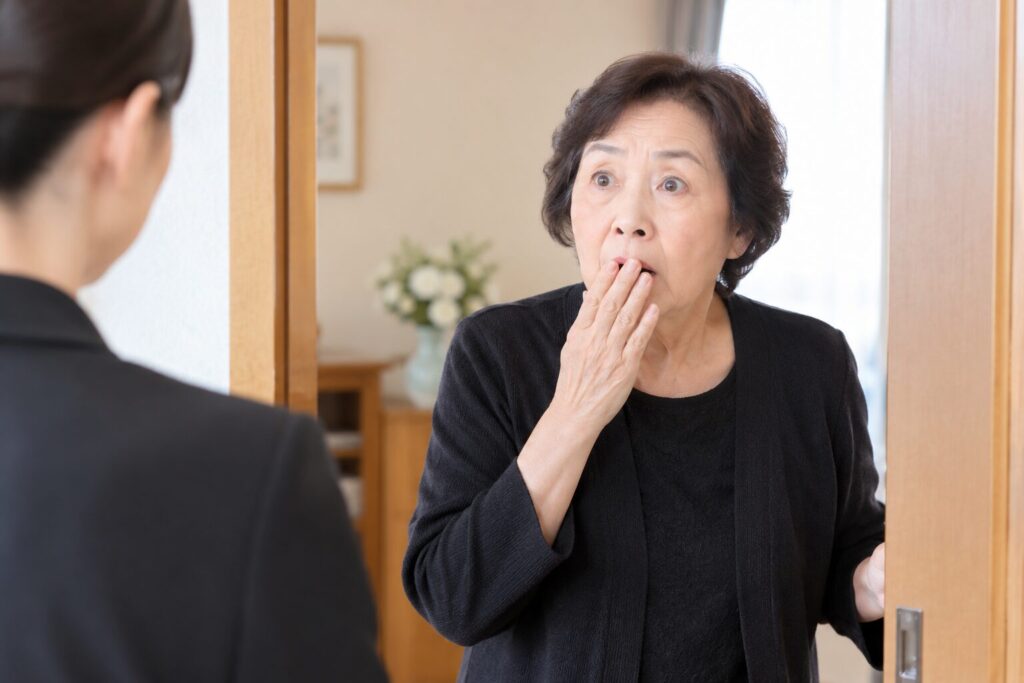 葬儀後に突然訪れた弔問客に驚く高齢女性と対応する家族の様子