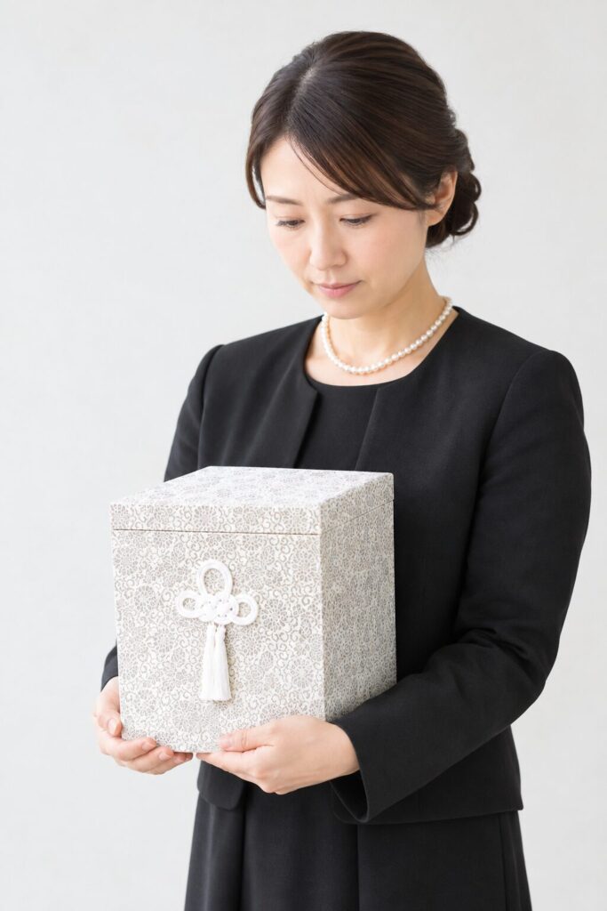 堺市で葬儀を終えた後の収骨について考える方に向けた、白い骨箱を抱える喪服姿の女性のイメージ画像