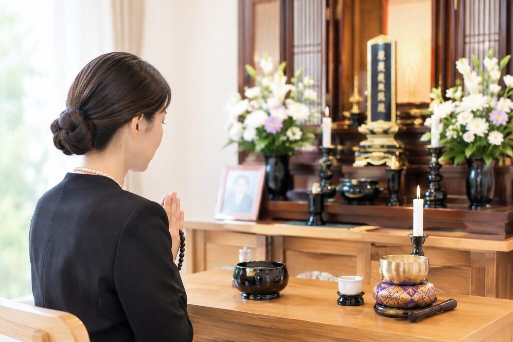 堺市で葬儀後の供養について考える方に向けた、仏壇に手を合わせて故人を偲ぶ女性のイメージ画像